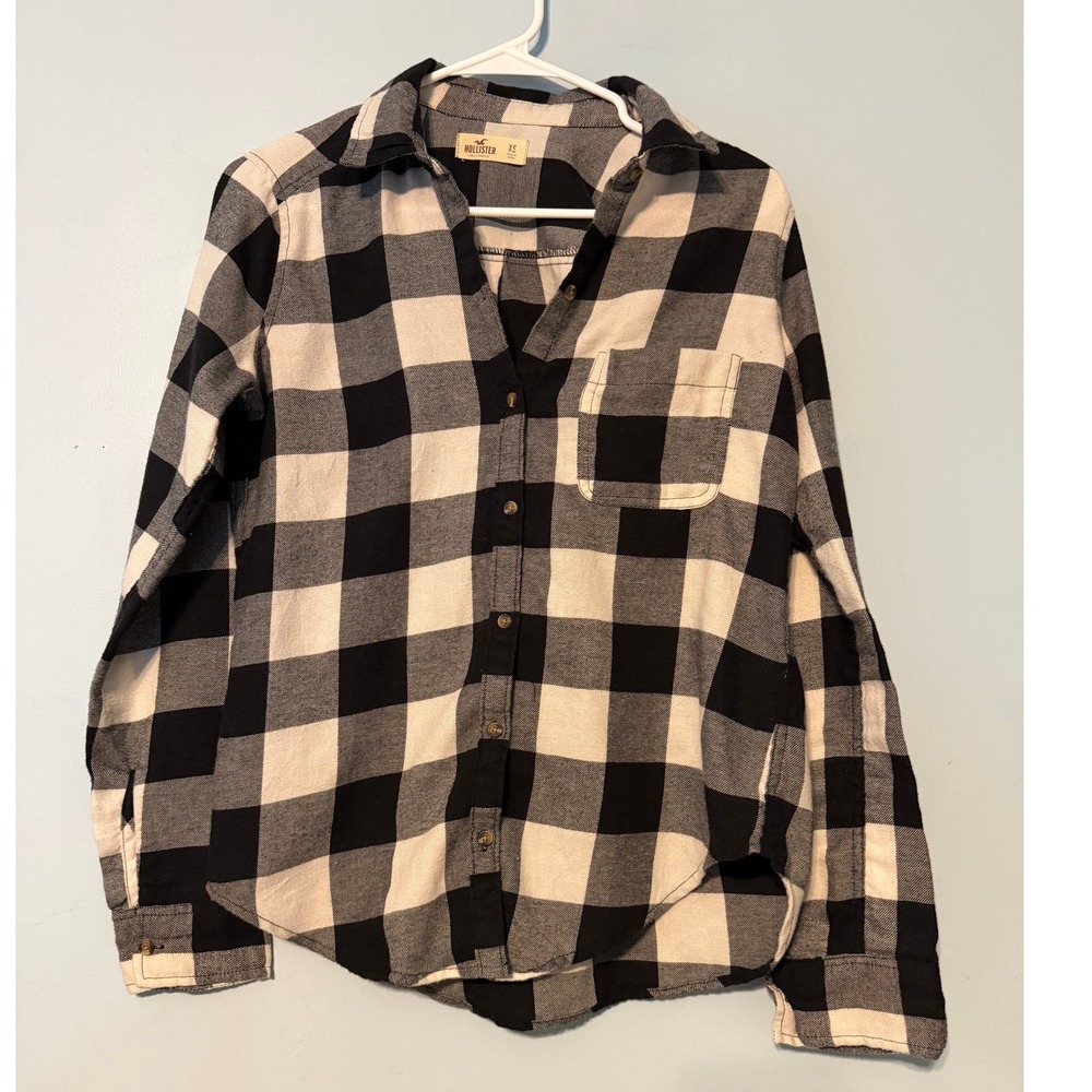 Hollister Women's XS Black White Buffalo Plaid Flannel Button Down Shirt 2093